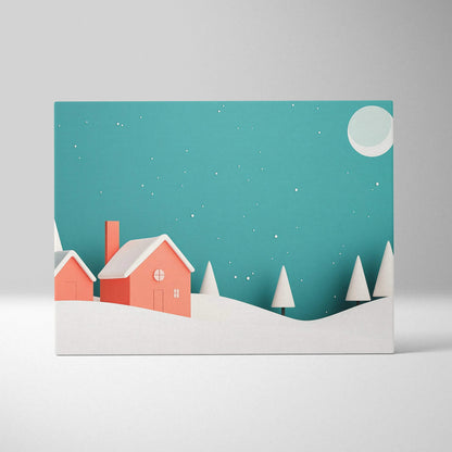 Canvas wall art featuring whimsical snowy landscape with coral-colored houses, white trees, and a teal sky with a full moon.