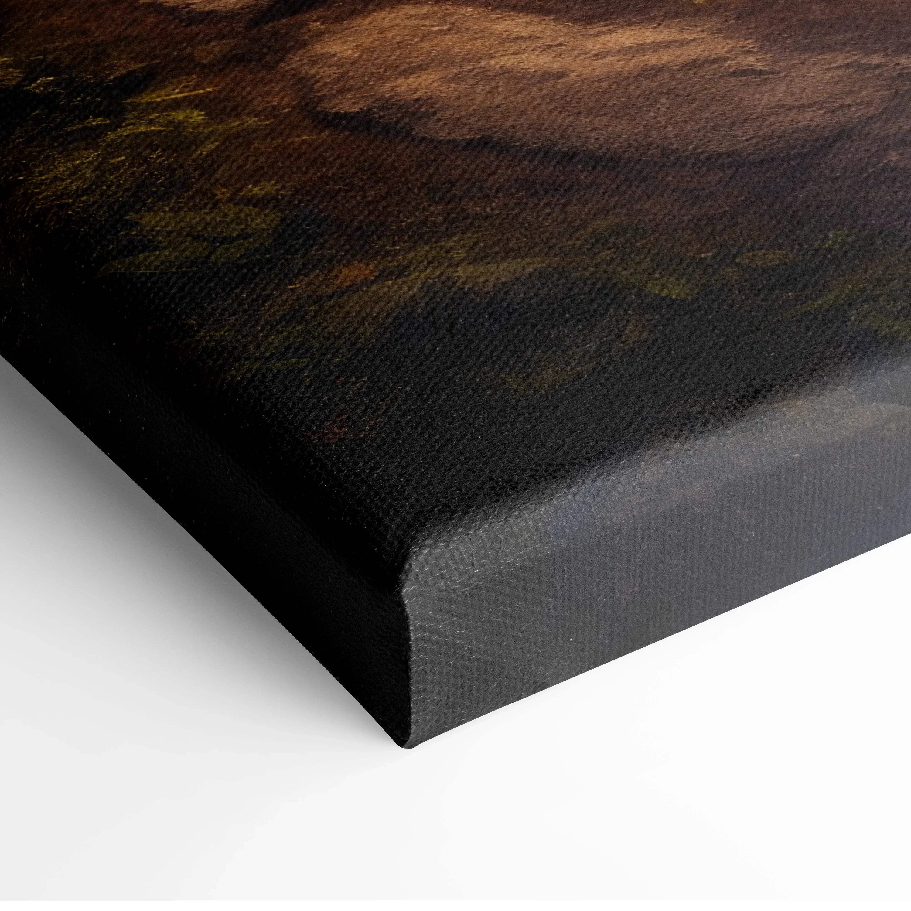 Premium forest sunset canvas wall art corner detail with warm brown and dark green tones, perfect for home decor.