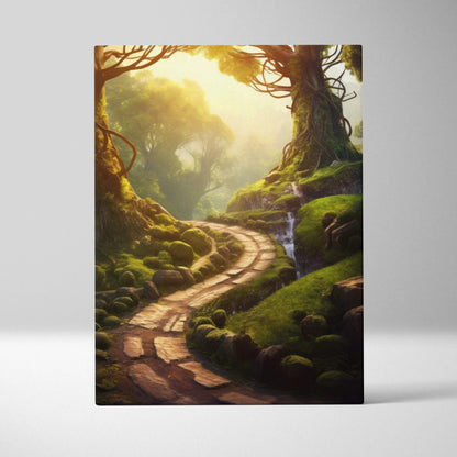 Canvas wall art featuring a sunlit forest path winding through mossy trees, warm decor tones.