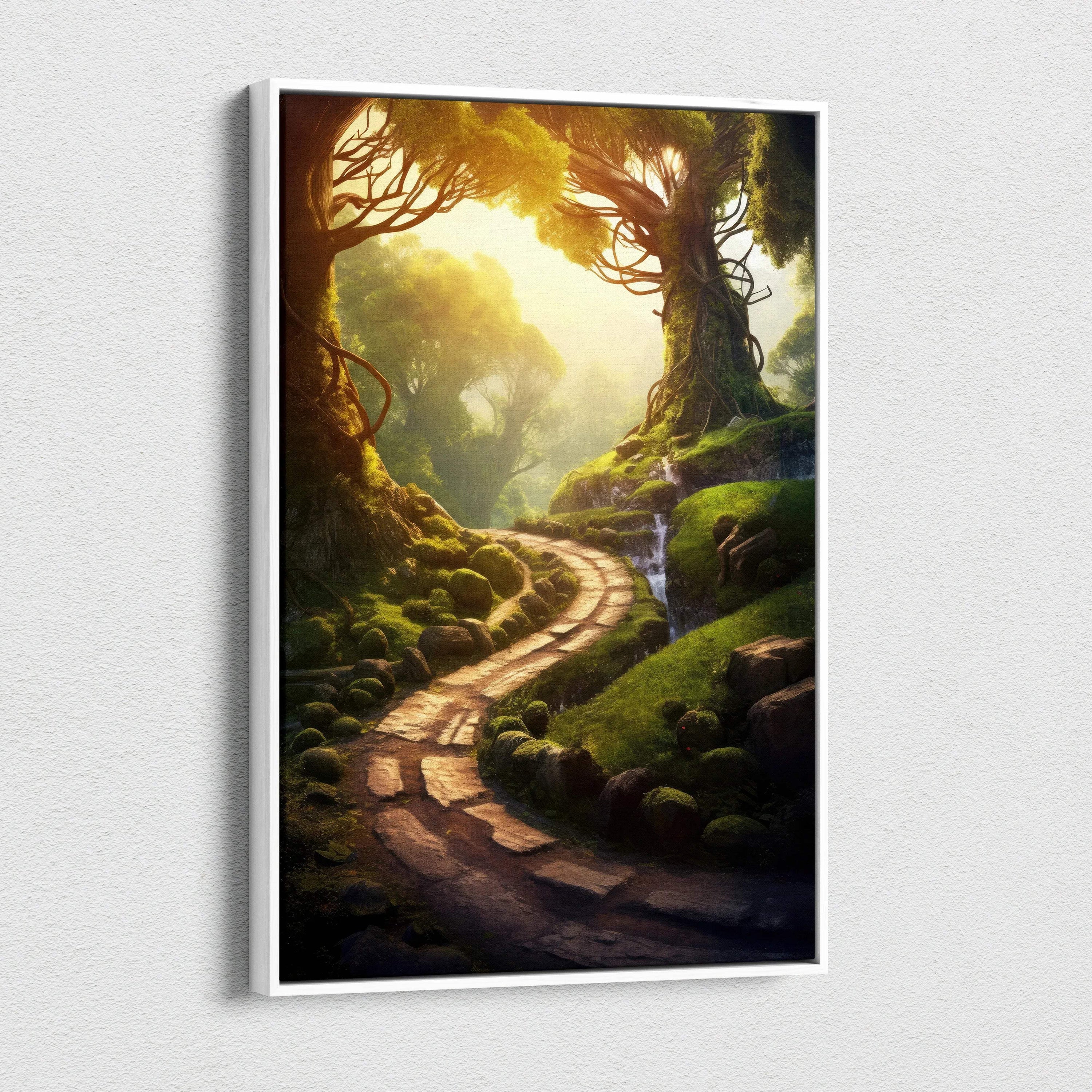 Canvas wall art featuring a winding forest path at sunset with vibrant light and lush greenery decor.