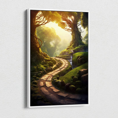 Canvas wall art featuring a winding forest path at sunset with vibrant light and lush greenery decor.