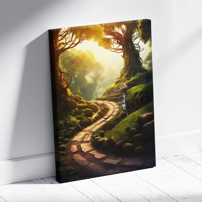 Forest sunset canvas wall art with winding stone path and glowing sunlight, home decor art.