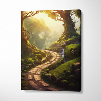 Vertical canvas wall art featuring a glowing forest sunset over a winding stone path, natural home decor.