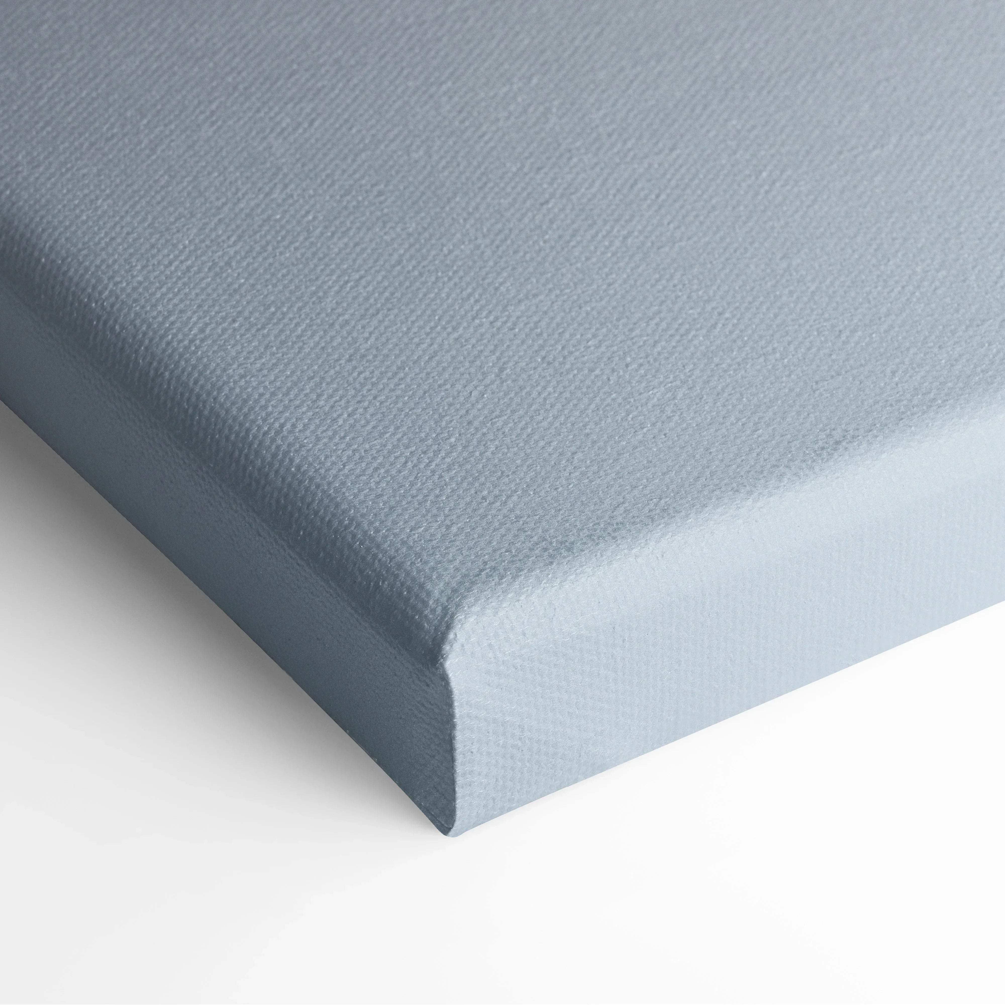 Minimalist abstract winter landscape canvas wall art with textured gray woven pattern and soft blues and peach tones