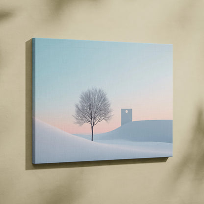 Minimalist digital art canvas print featuring a lone leafless tree and abstract snowy landscape with pastel blue and soft.