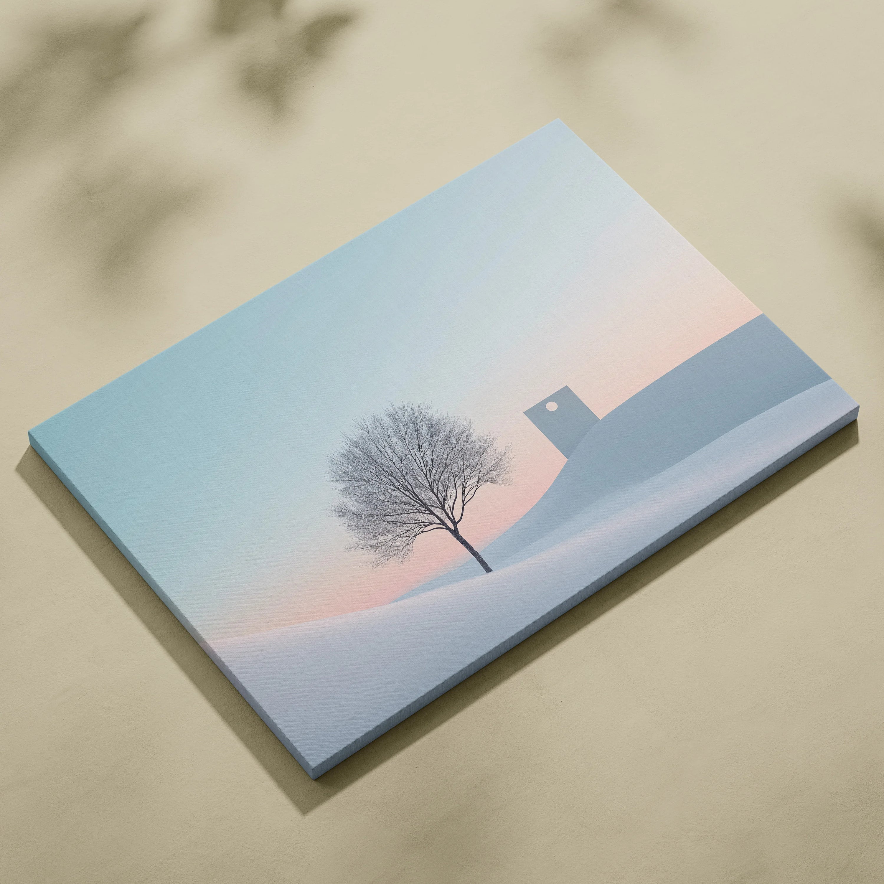 Minimalist canvas wall art featuring a lone tree and small building in soft pastel winter tones.