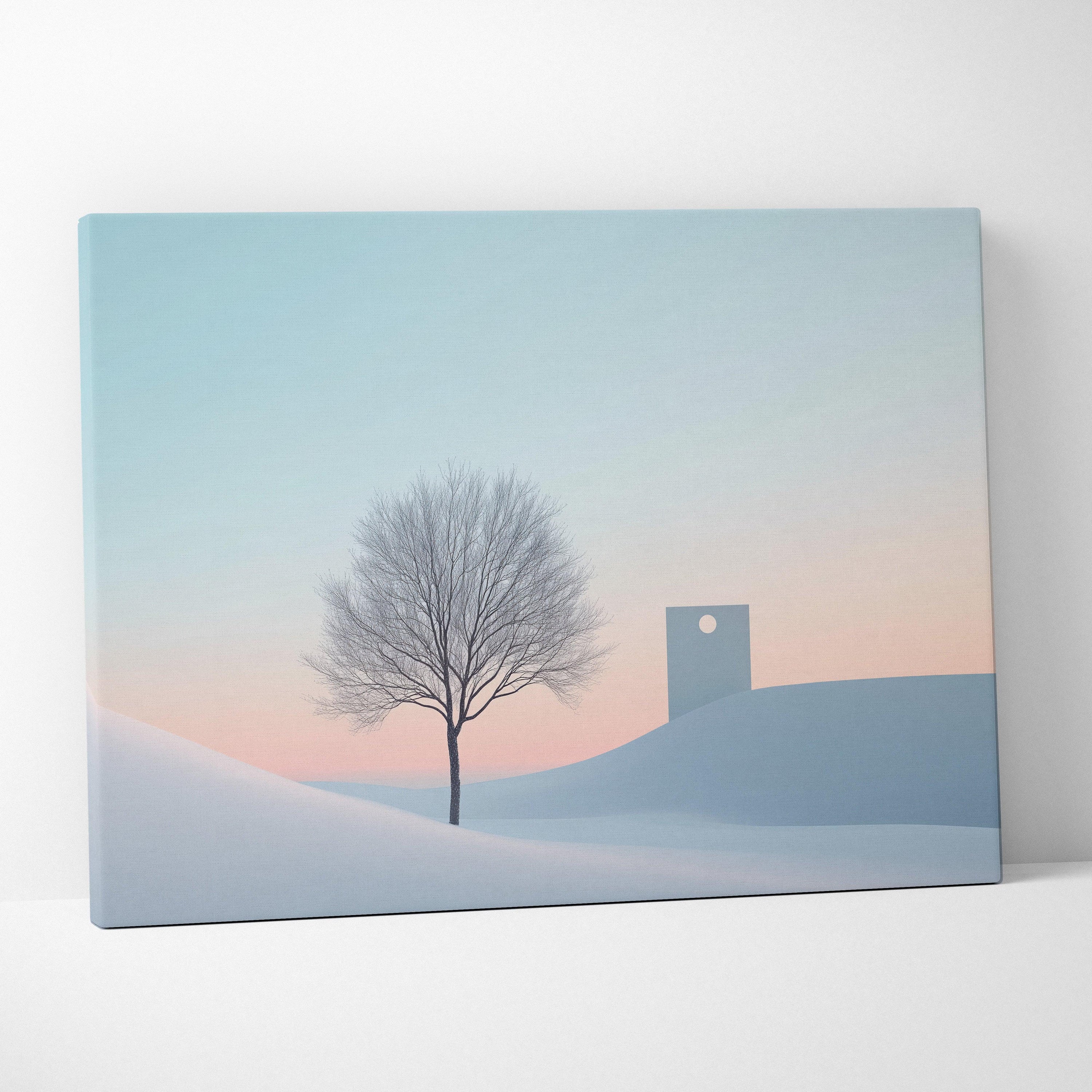 Minimalist canvas wall art featuring a solitary bare tree and abstract winter landscape in soft blue and peach tones.