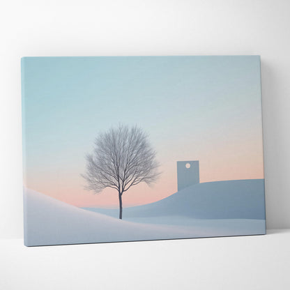 Minimalist canvas wall art featuring a solitary bare tree and abstract winter landscape in soft blue and peach tones.