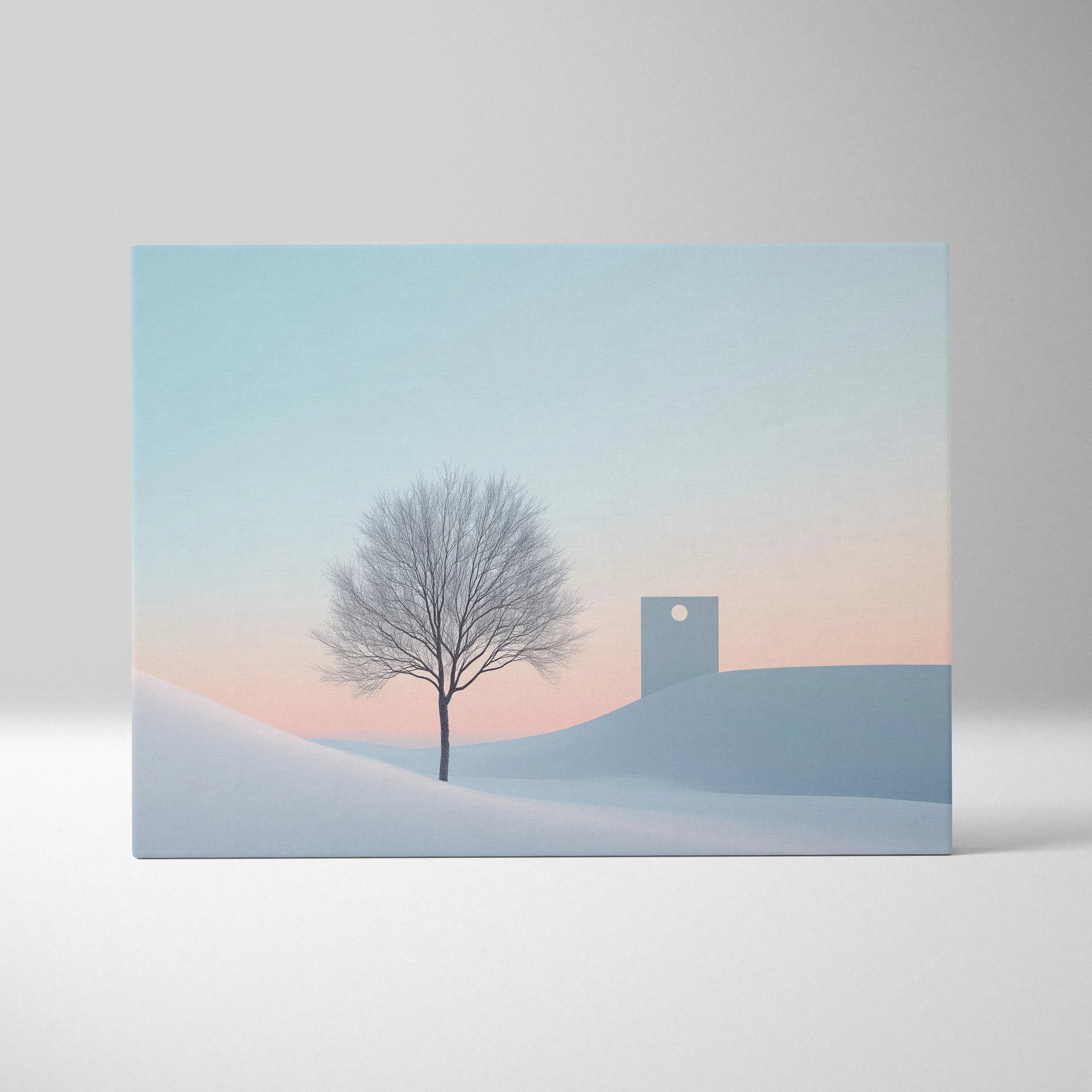 Minimalist abstract winter canvas wall art featuring a lone tree and a small building at sunset.