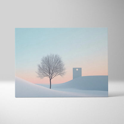 Minimalist abstract winter canvas wall art featuring a lone tree and a small building at sunset.