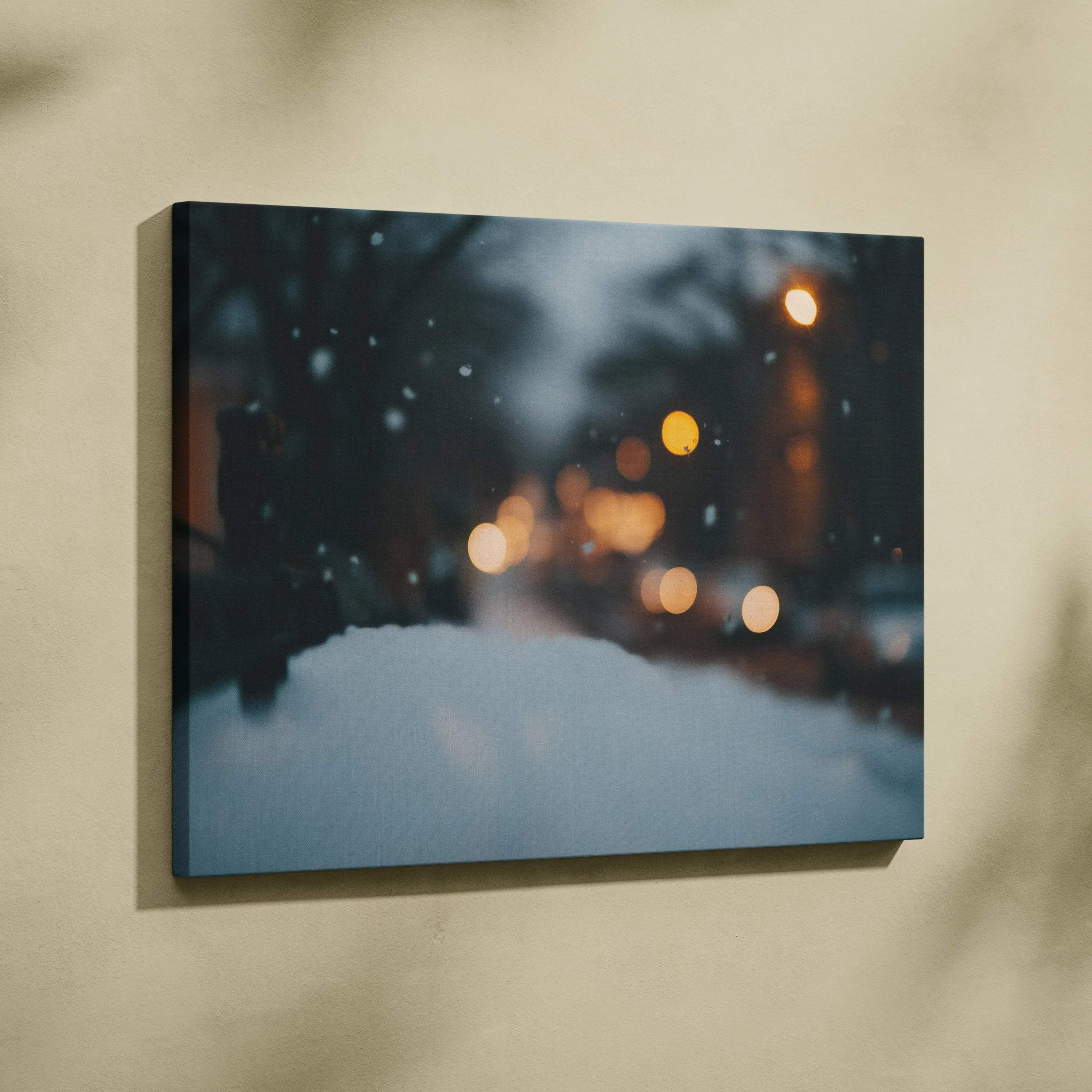 Winter bokeh canvas wall art with blurred snowy night and warm glowing lights decor.