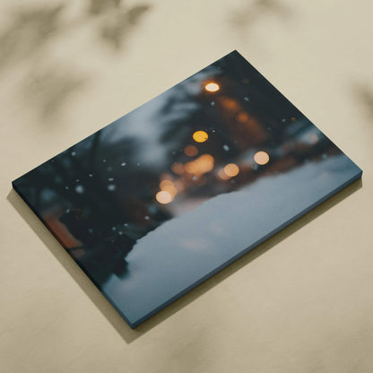 Winter bokeh digital canvas art with soft glowing lights and snow-covered landscape in dark tones.