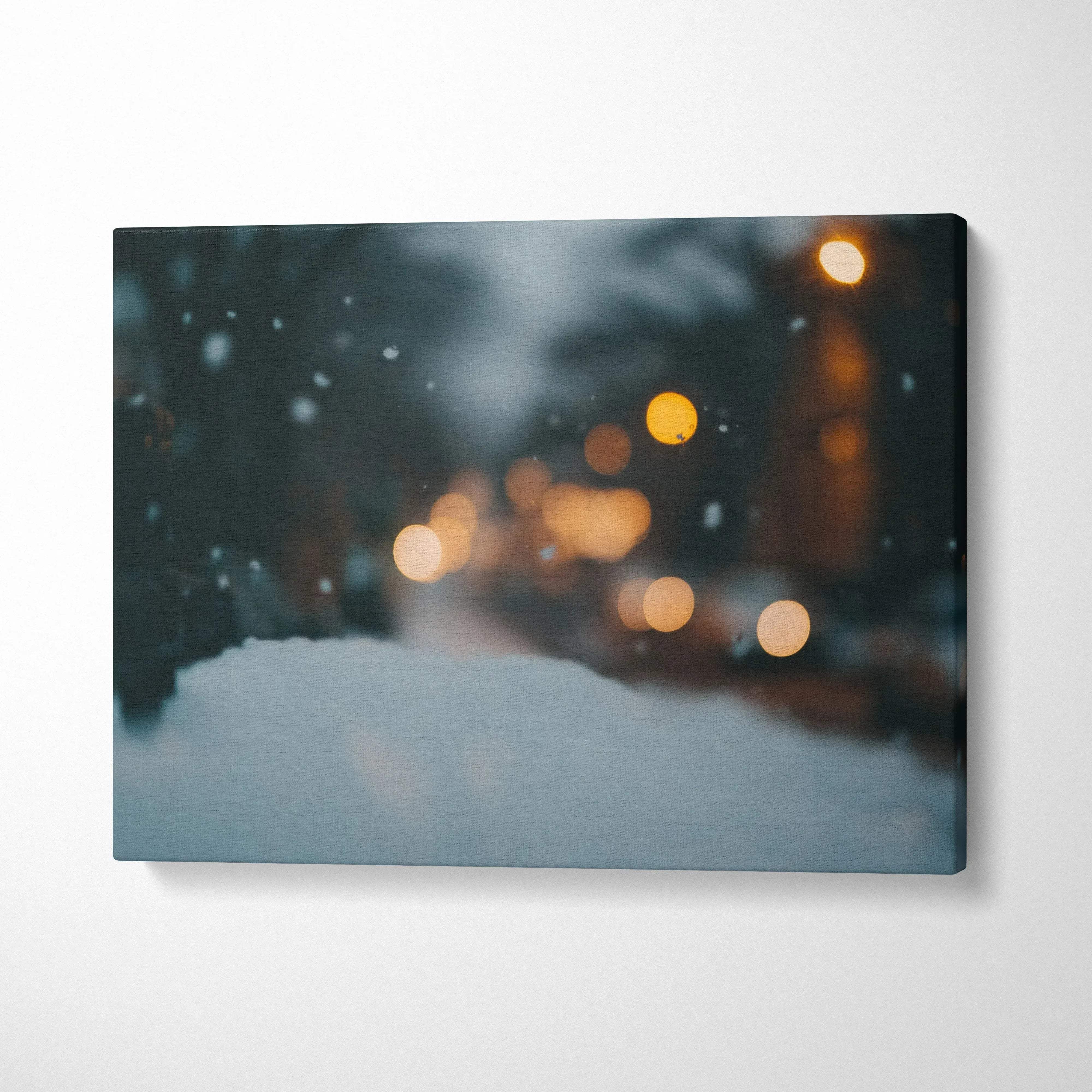 Winter bokeh digital canvas wall art with blurred warm lights and snowy foreground decor.