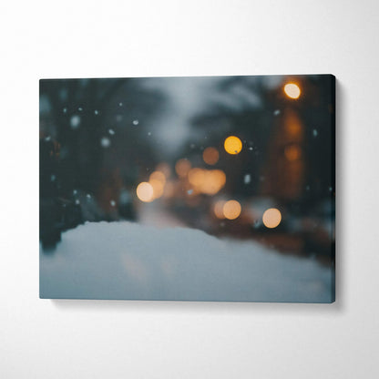 Winter bokeh digital canvas wall art with blurred warm lights and snowy foreground decor.