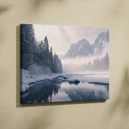 Canvas wall art depicting a winter mountain landscape with a winding river and snow-covered trees in soft, muted tones.