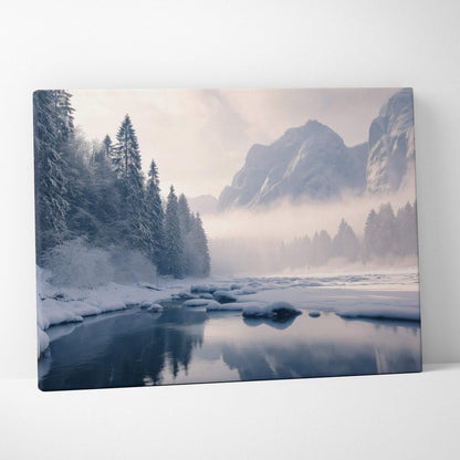 Canvas wall art depicting a snowy mountain landscape with a winding river and pine trees in soft muted tones.