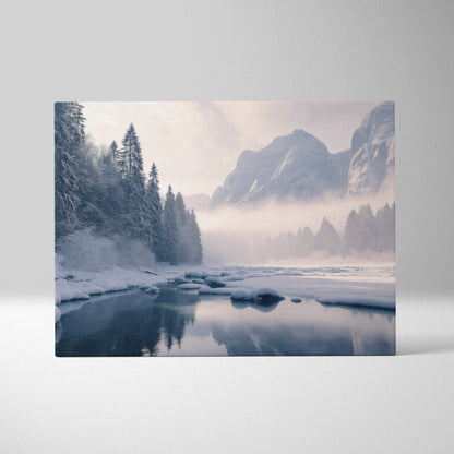 Canvas wall art featuring a serene frozen mountain landscape with snow-covered trees and a winding icy river under a misty.