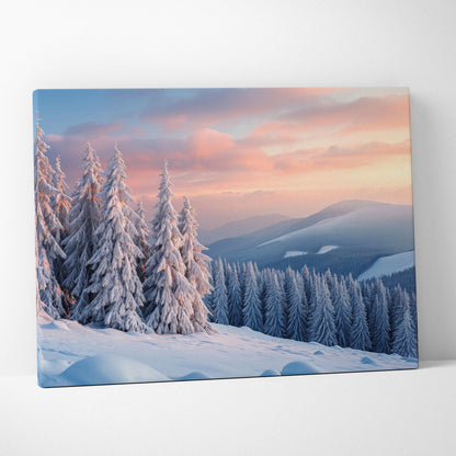 Canvas wall art depicting snowy pine trees and mountain peaks bathed in soft pink and blue sunset light.