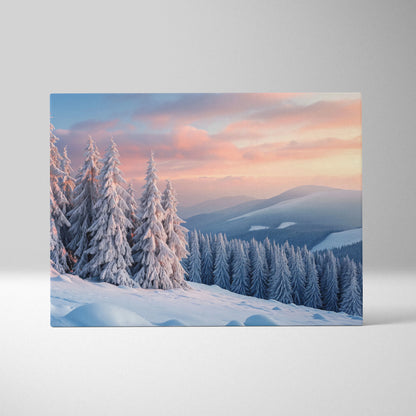 Canvas wall art featuring a snowy mountain peak and pine trees at vibrant winter sunset with soft pink and orange sky.