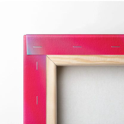 Close-up of wooden canvas frame with red fabric stapled on back for wall art decor.