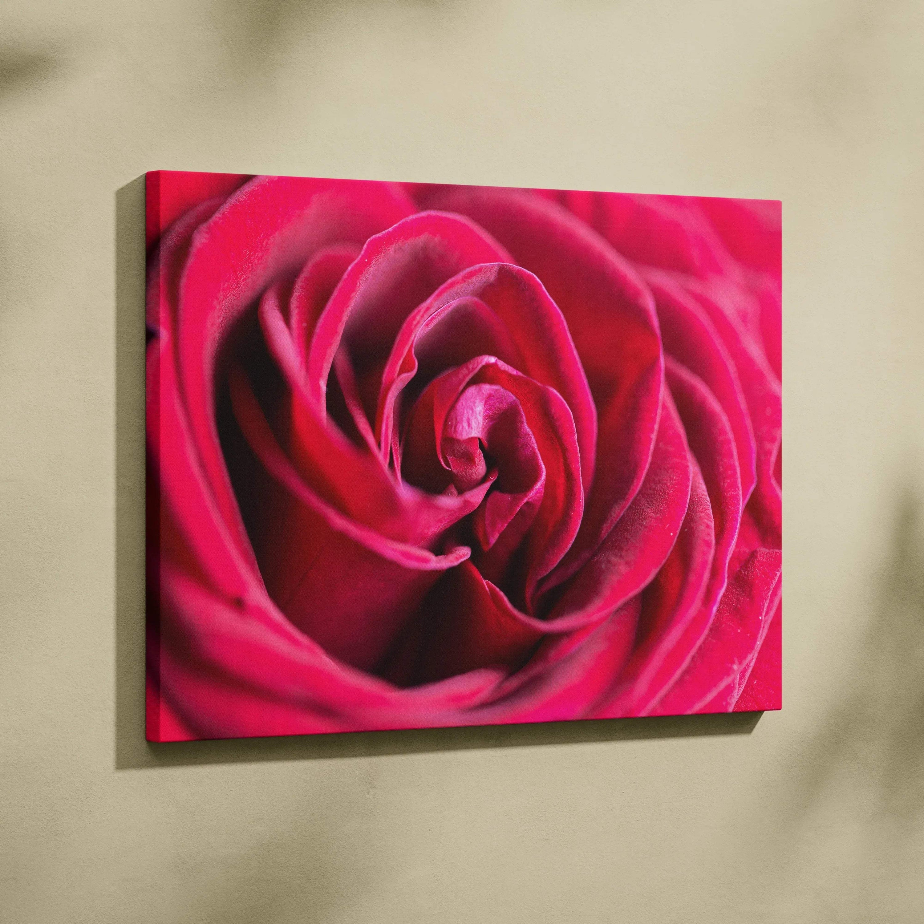 High-resolution close-up of vibrant red rose canvas wall art for elegant home decor.