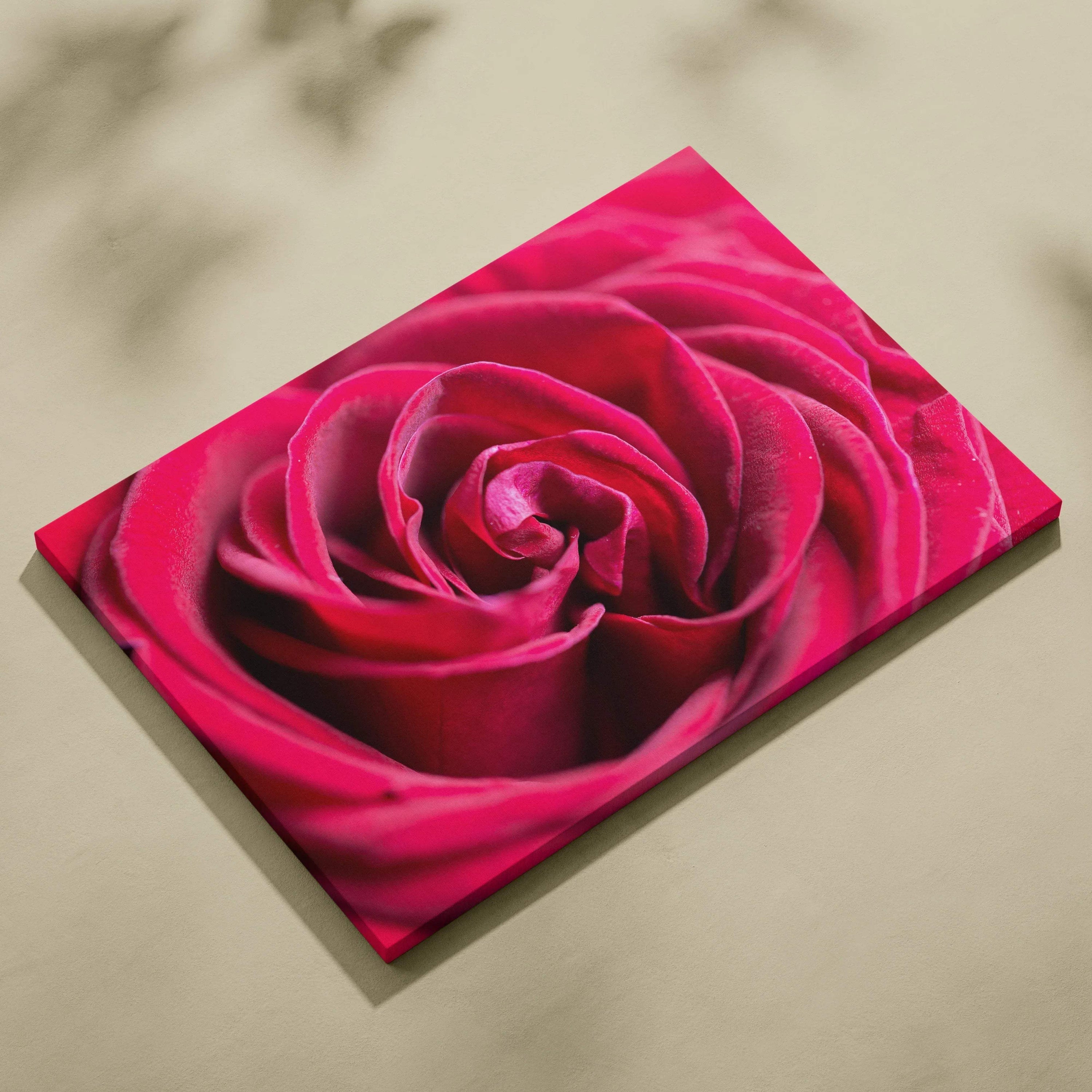 High-resolution canvas wall art featuring a vibrant close-up of a deep pink rose with detailed petals for elegant home decor.