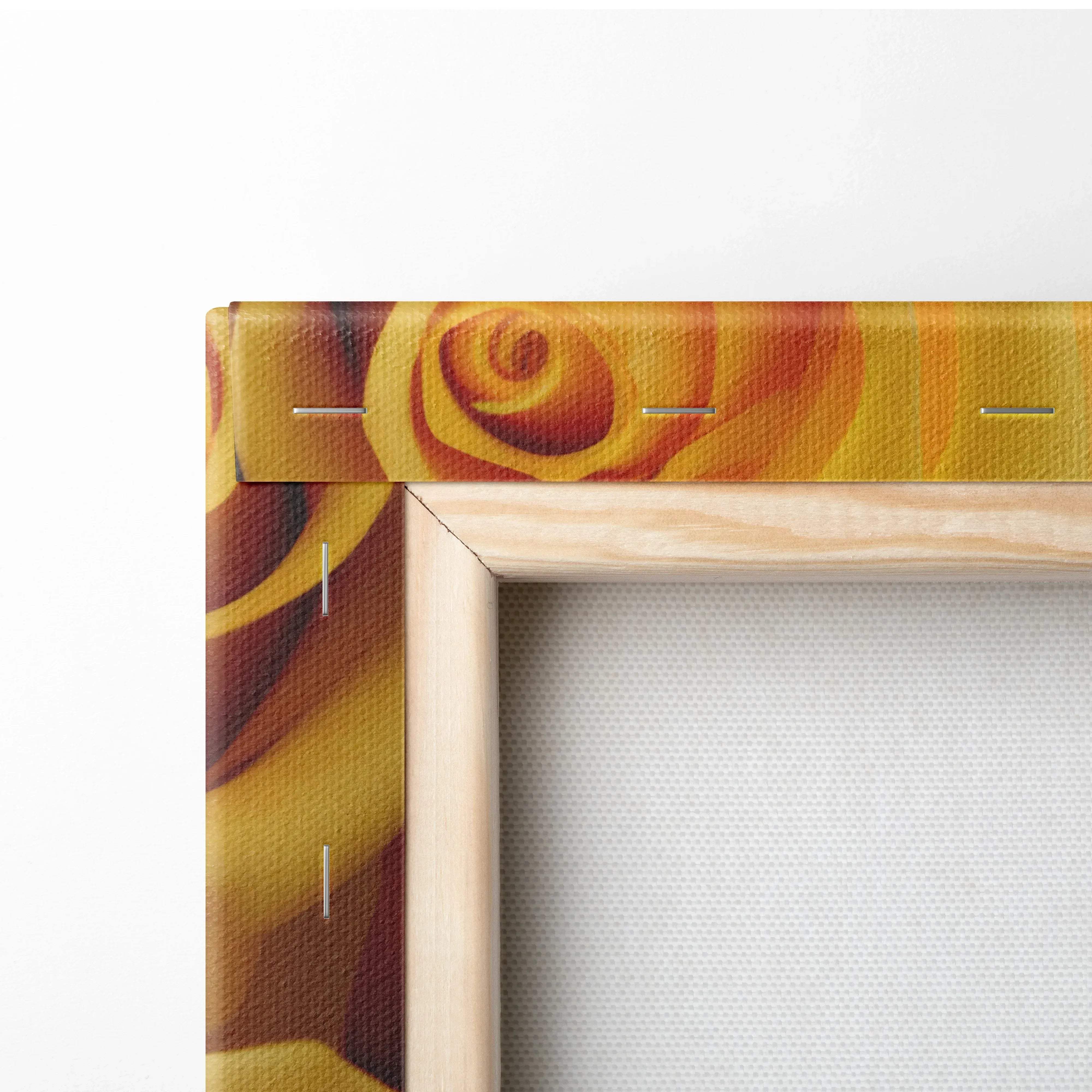 A canvas print featuring a vibrant yellow and orange rose design framed with light wood for bright home decor