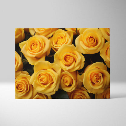 Canvas wall art featuring a vibrant bouquet of yellow roses with detailed petals and green leaves.