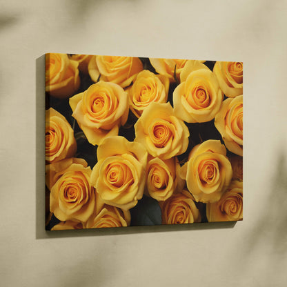 Canvas wall art featuring a close-up of vibrant yellow roses with detailed petals and dark green leaves.
