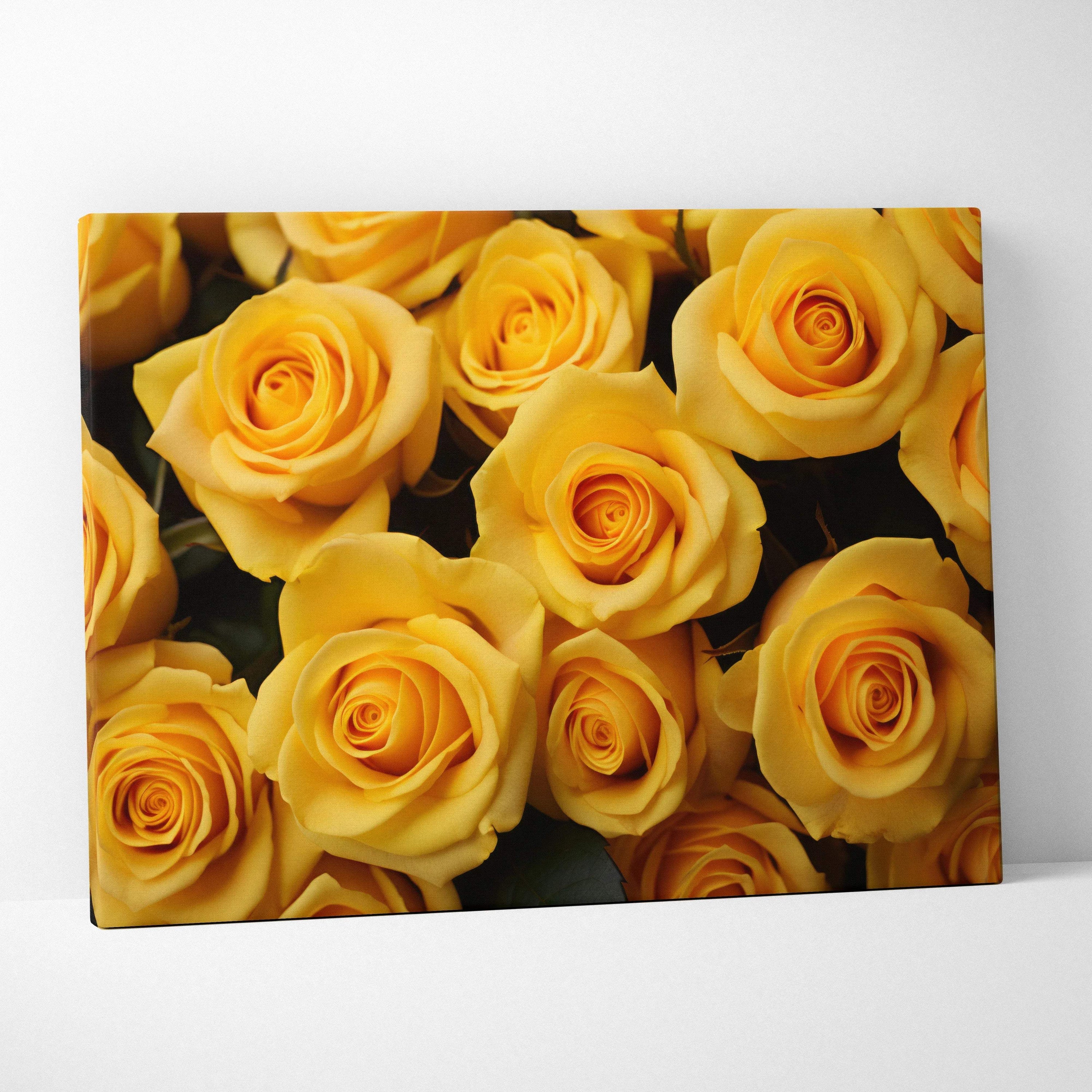 Canvas wall art featuring a close-up of vibrant yellow roses with rich green leaves, perfect for floral decor.