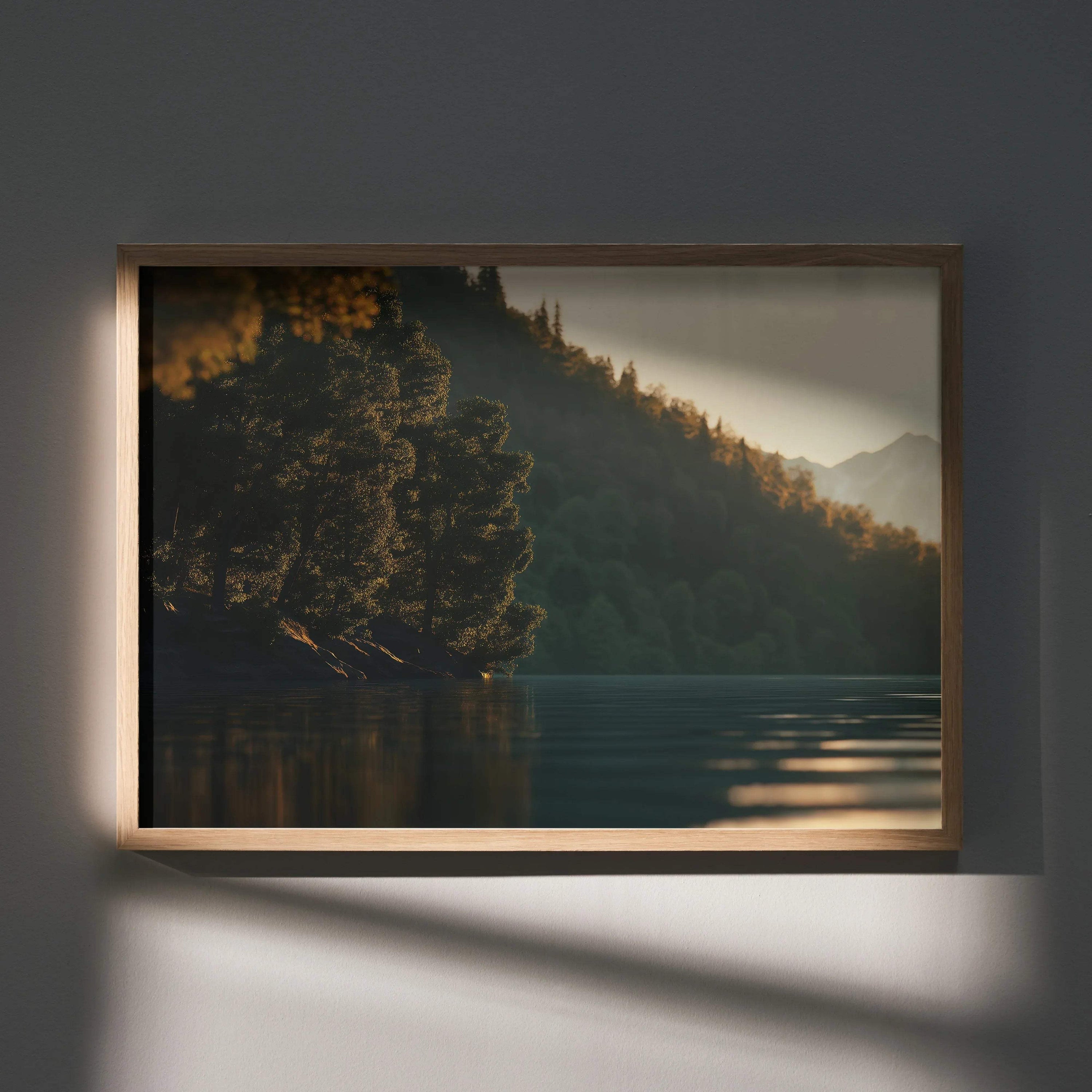 Framed wall art poster featuring serene lake and forest at sunset with soft glowing light.