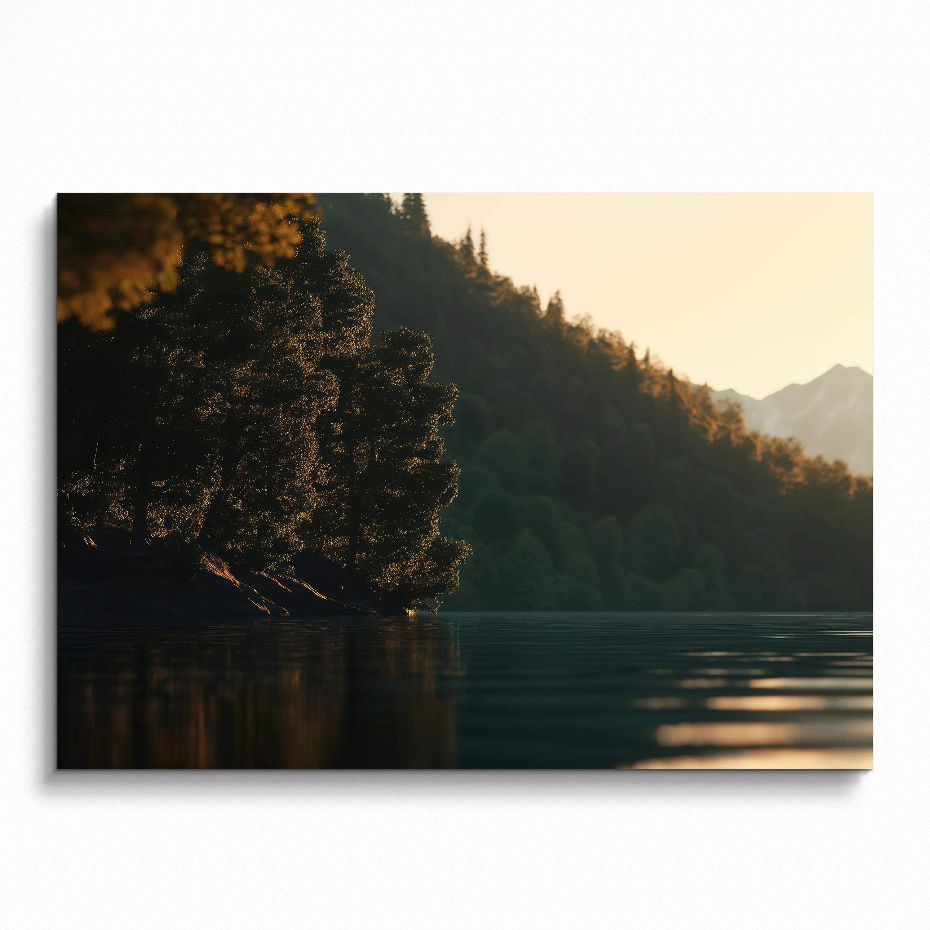 Sunset over calm lake with silhouetted trees and forested mountains digital art poster wall art.