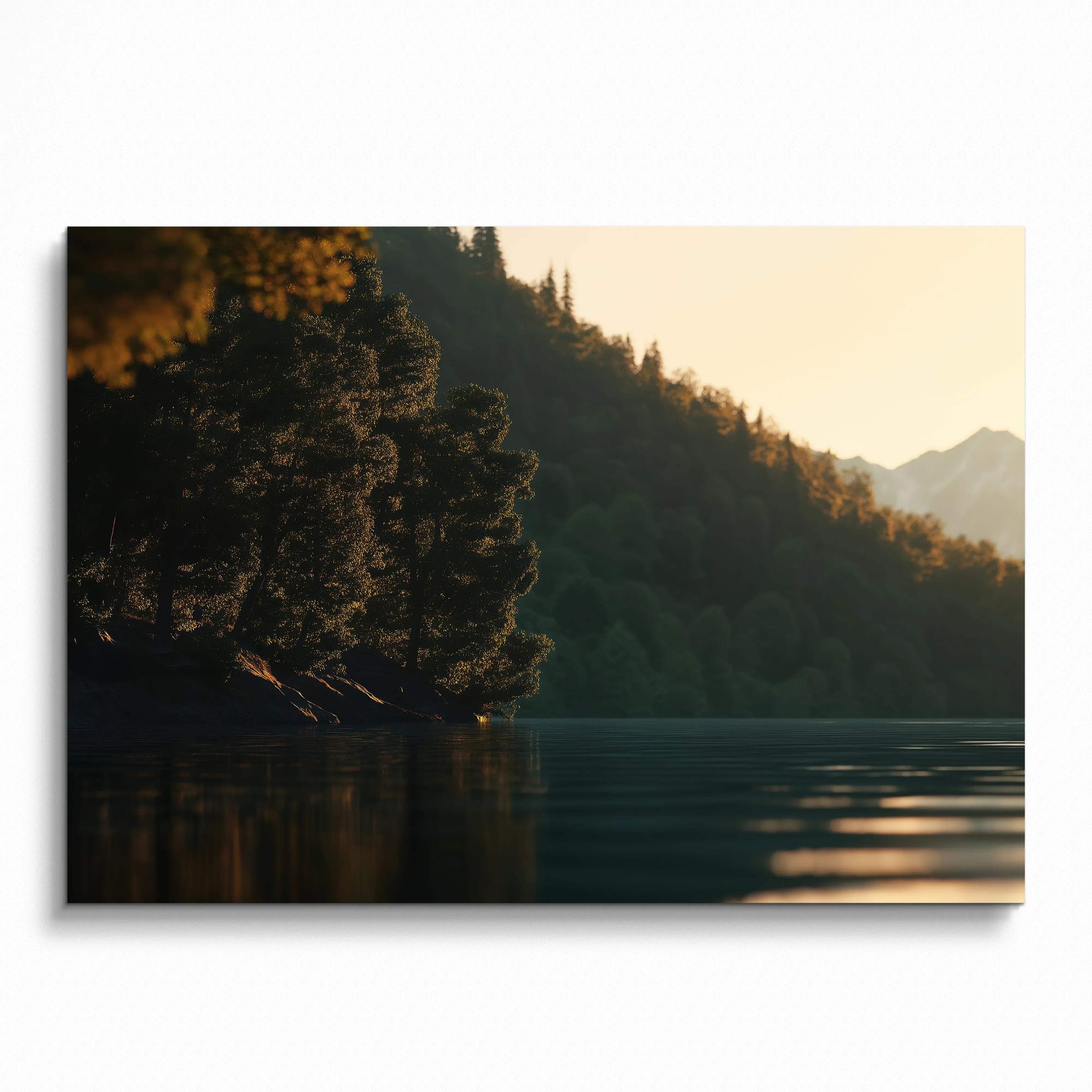 Sunset over calm lake with silhouetted trees and forested mountains digital art poster wall art.