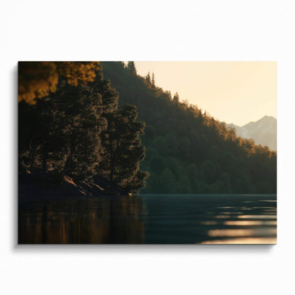 Sunset over calm lake with silhouetted trees and forested mountains digital art poster wall art.