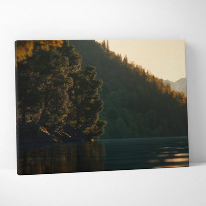 Canvas wall art featuring a serene sunset over a forested lake with soft, warm lighting.