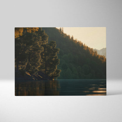 Sunset over forested hill reflecting on calm lake, vibrant nature canvas wall art print.