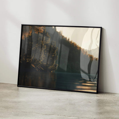 Vibrant sunset digital art poster featuring glowing orange treetops over dark forest silhouette wall art.