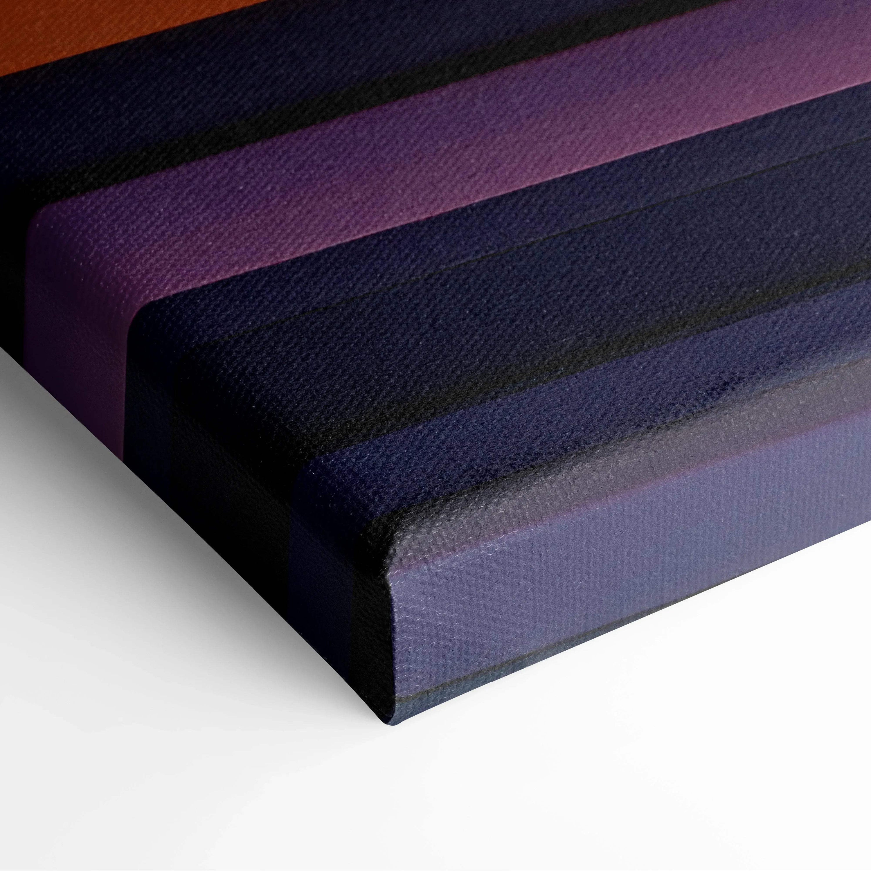 Abstract canvas art with bold horizontal stripes in shades of black, purple, and deep blue, textured surface visible.