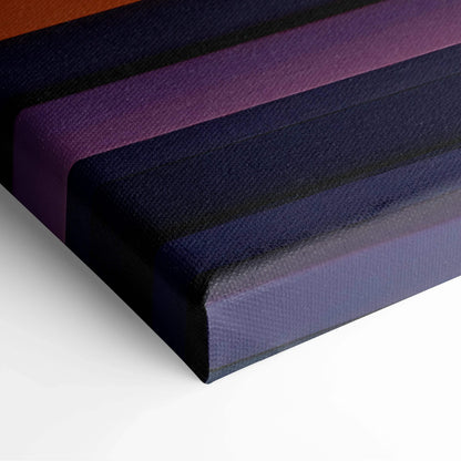 Abstract canvas art with bold horizontal stripes in shades of black, purple, and deep blue, textured surface visible.