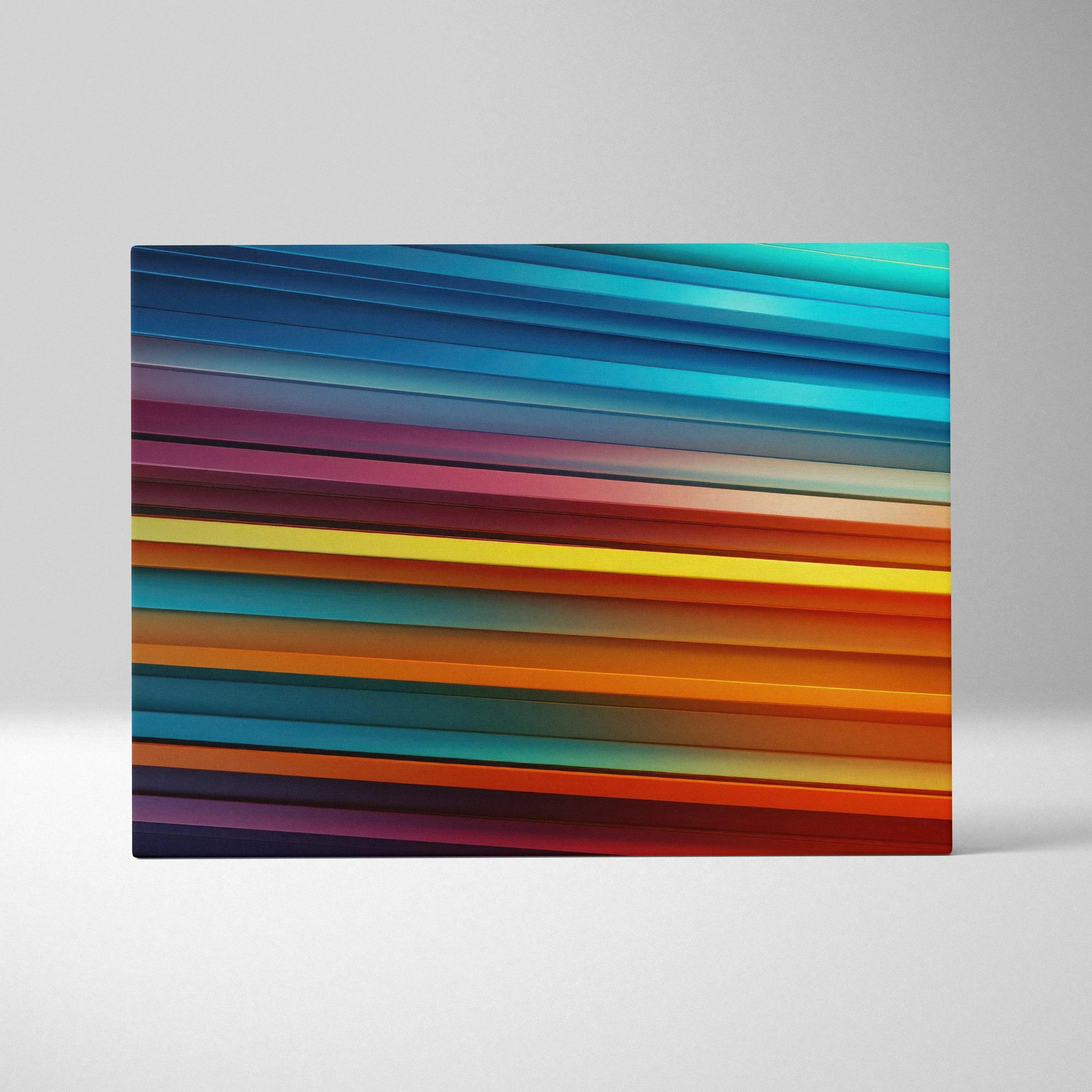 Vibrant abstract canvas art with horizontal stripes in shades of blue, teal, purple, red, and orange.