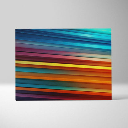 Vibrant abstract canvas art with horizontal stripes in shades of blue, teal, purple, red, and orange.