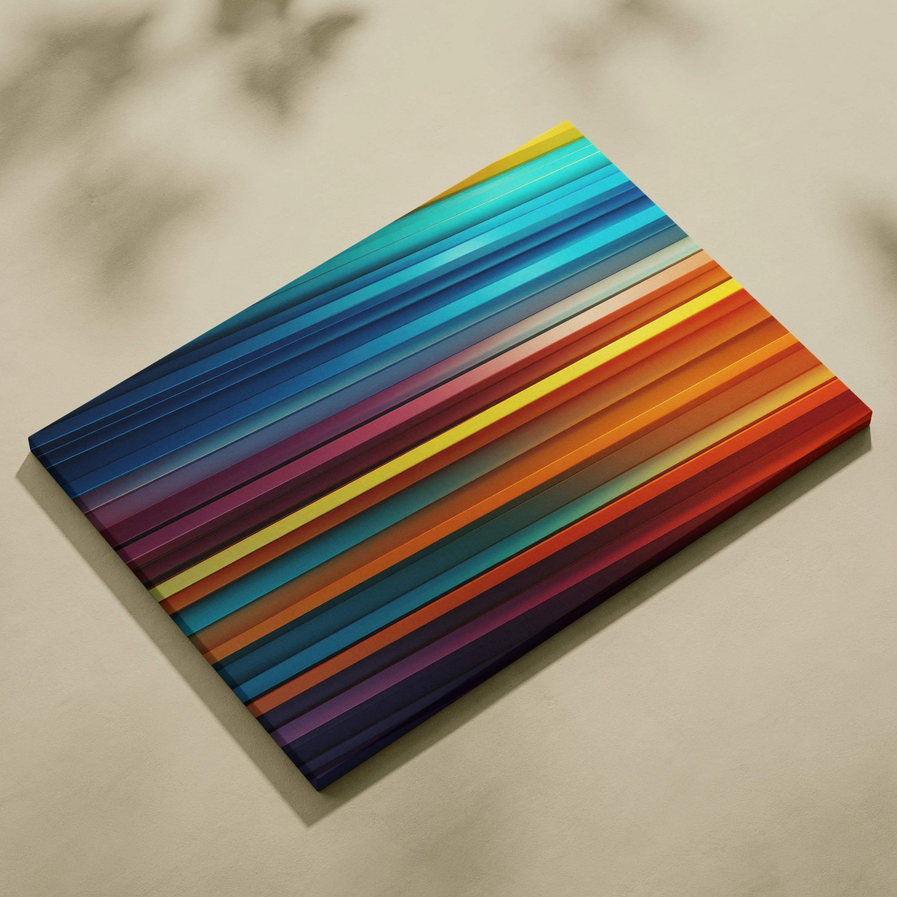 Abstract canvas wall art featuring bold horizontal stripes in vibrant blue, turquoise, orange, red, and purple tones.