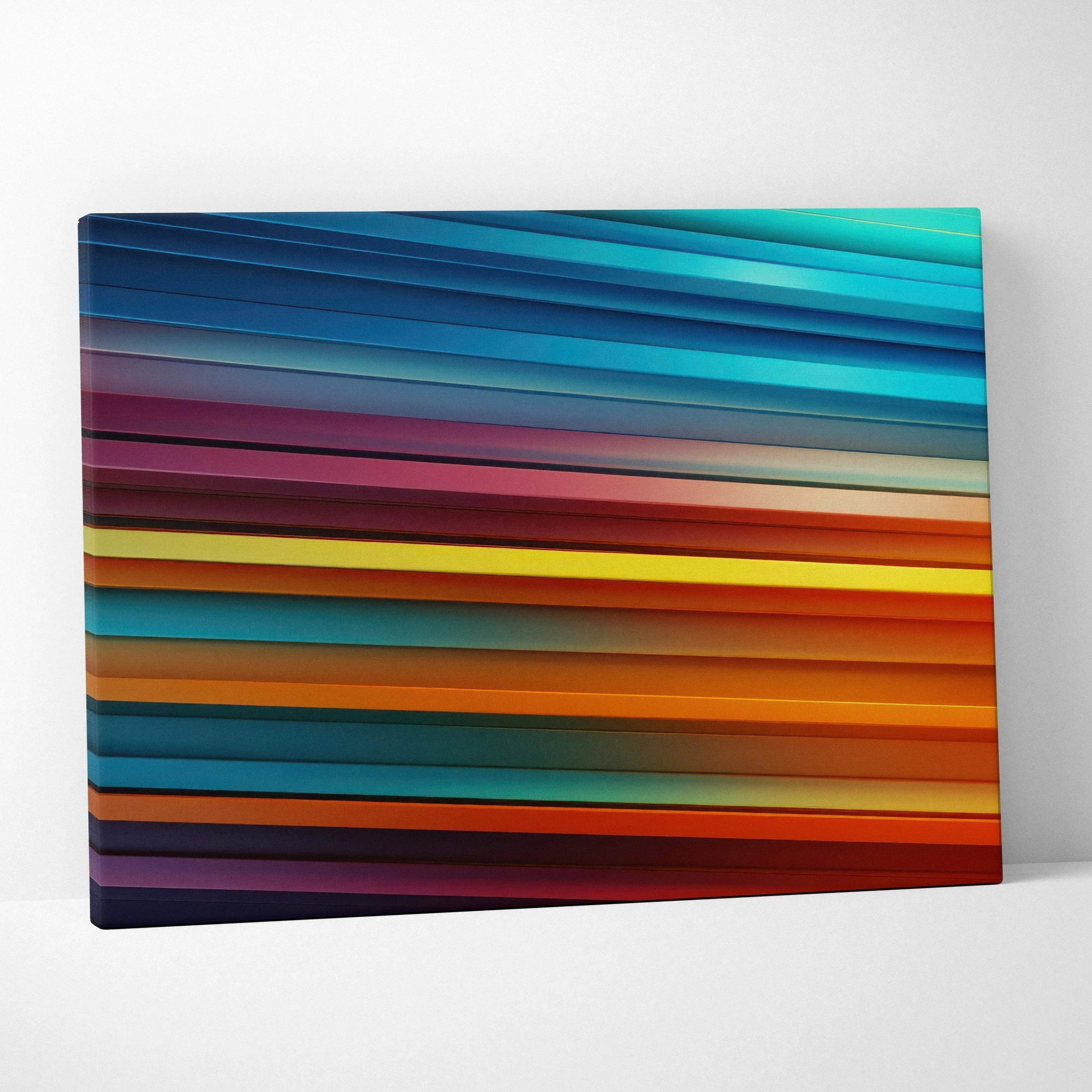 Abstract canvas wall art featuring horizontal bold stripes in vibrant shades of blue, teal, purple, red, orange, and yellow.