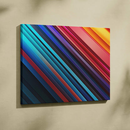Colorful modern abstract digital art canvas print with diagonal stripes in blue, red, and orange tones, wall art.