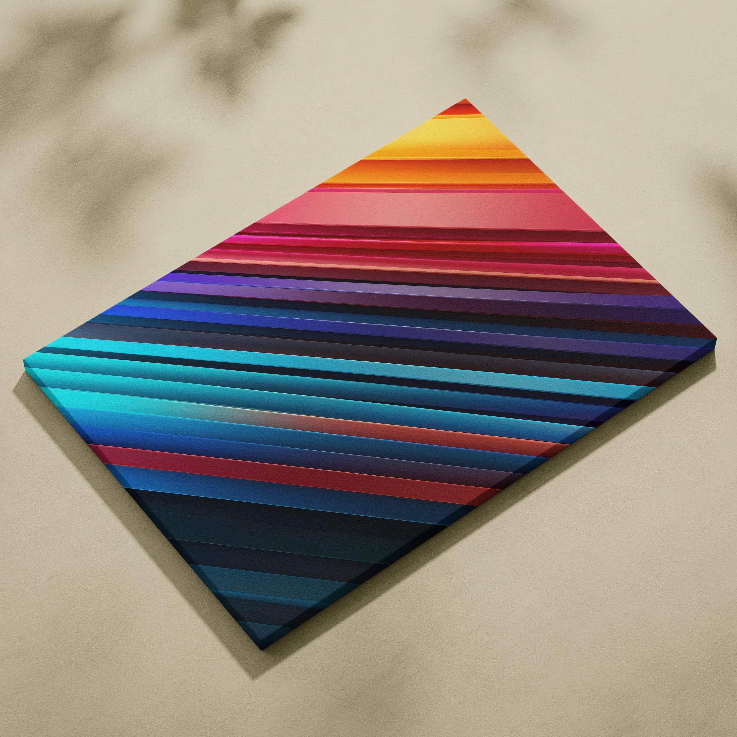 Rectangular canvas art with vibrant horizontal stripes in shades of blue, purple, red, and orange creating an abstract.