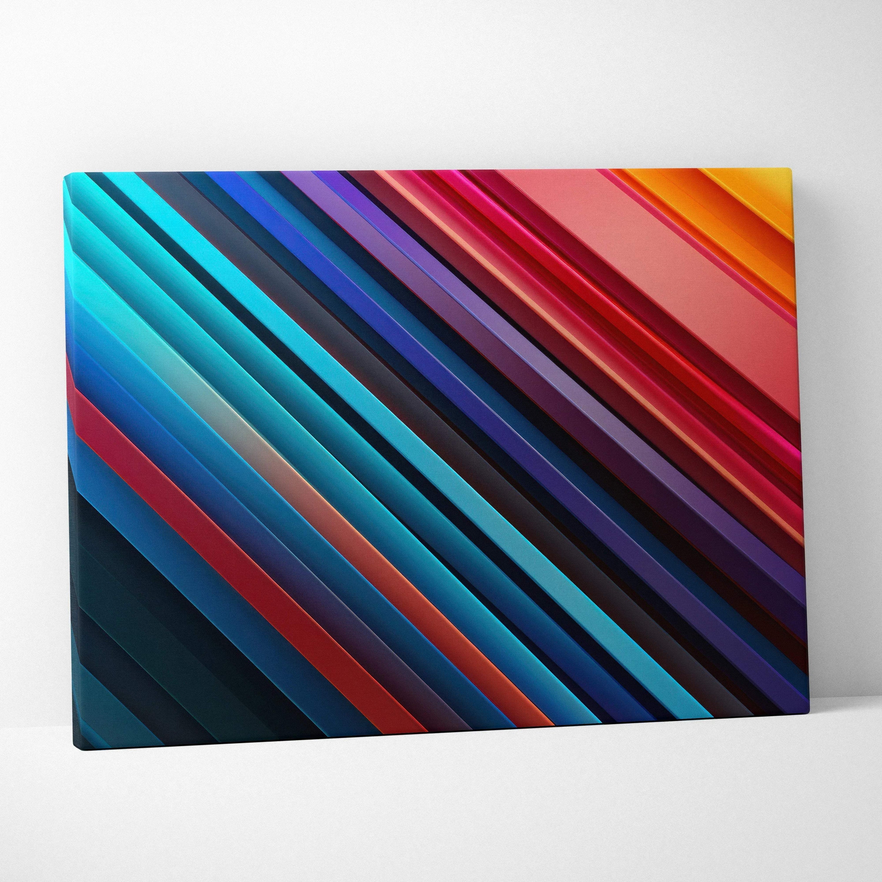 Abstract digital art canvas print with diagonal stripes in vibrant blue, red, purple, and orange tones.