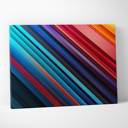 Abstract digital art canvas print with diagonal stripes in vibrant blue, red, purple, and orange tones.