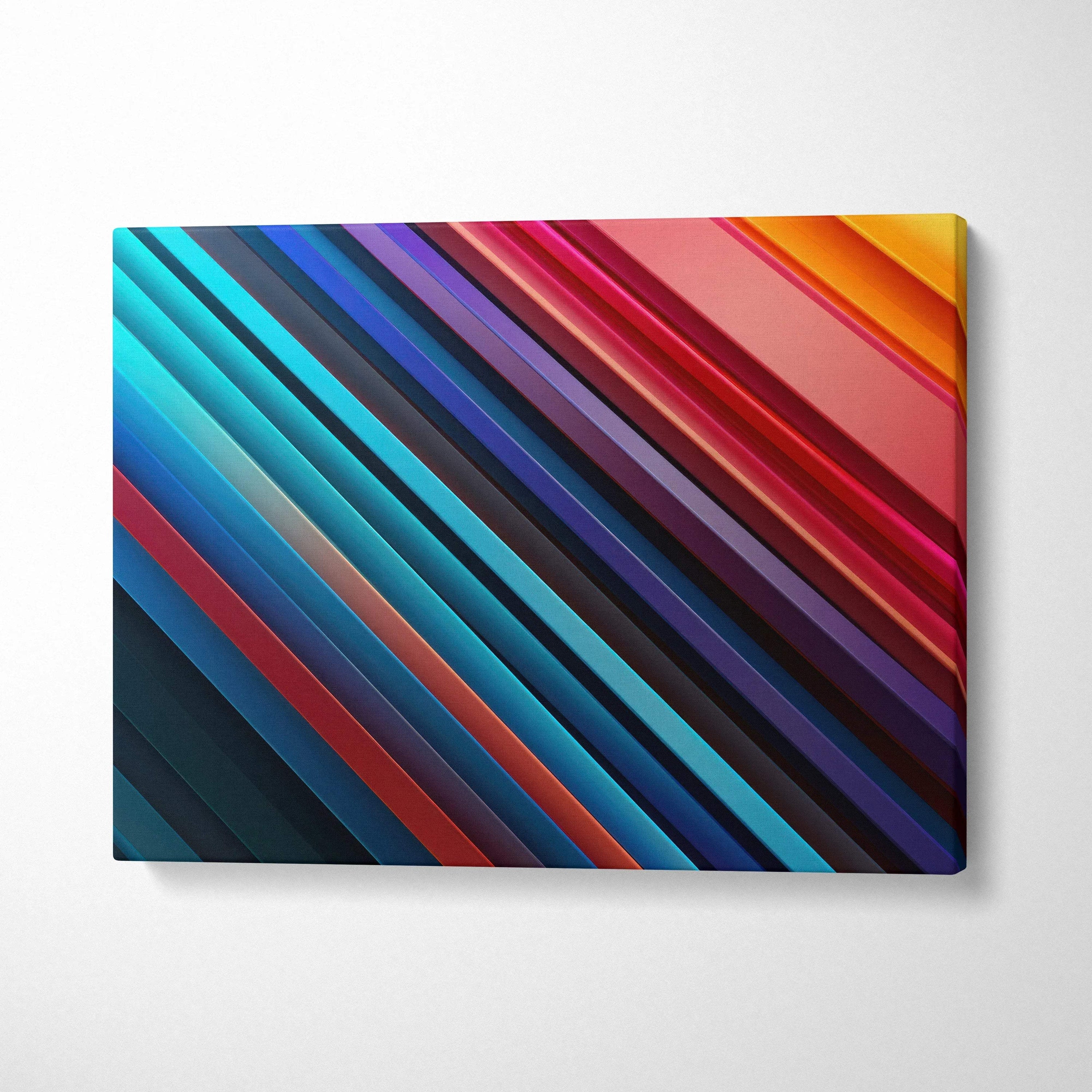 Modern abstract canvas art with vibrant diagonal stripes in blue, red, purple, and orange tones on wall art canvas.