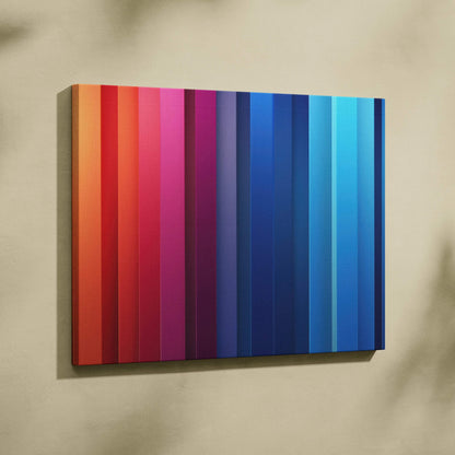 Modern abstract digital canvas art featuring vertical gradient stripes in warm reds to cool blues, vibrant wall art.