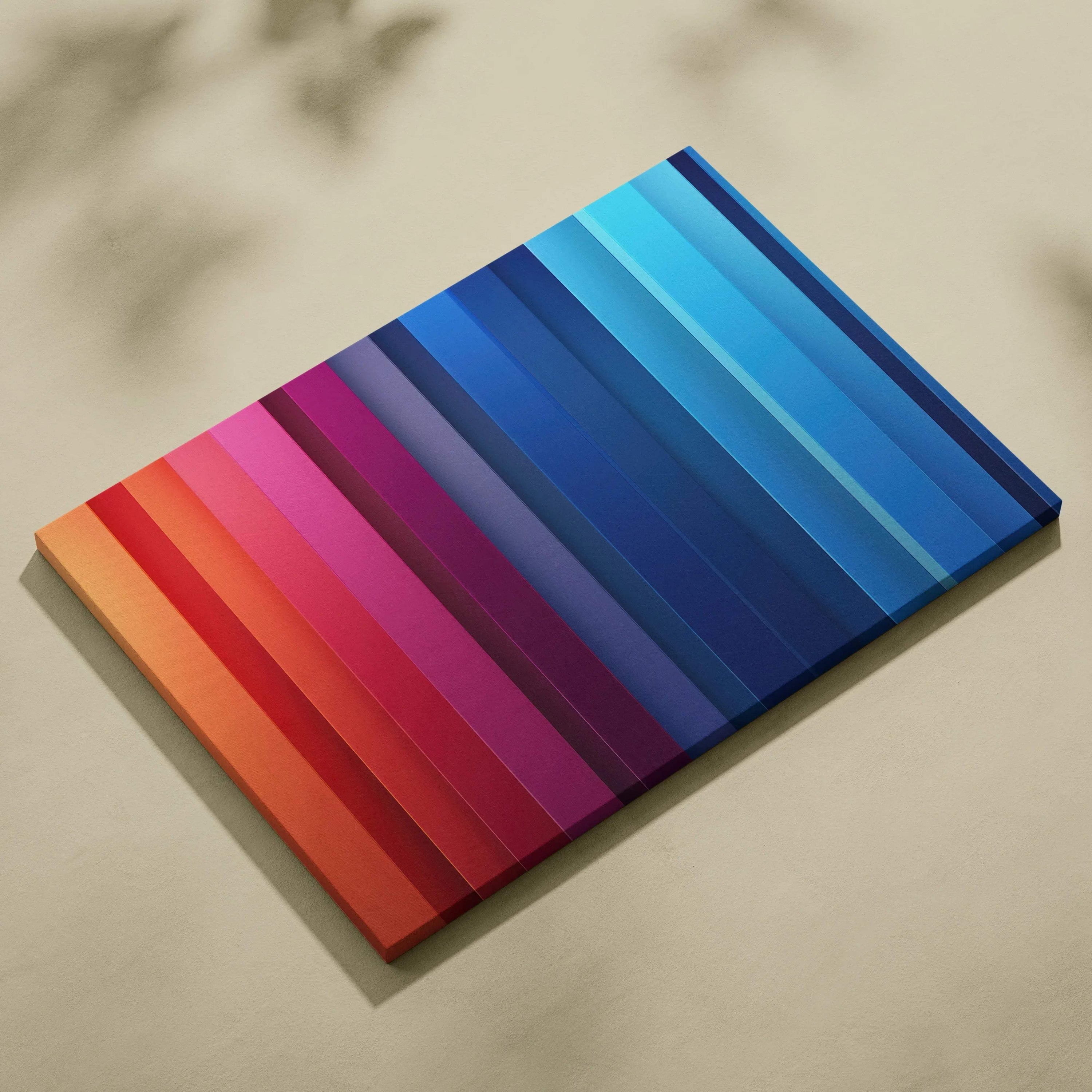 Abstract digital canvas art with vertical gradient stripes in red, pink, purple, blue, and teal tones.